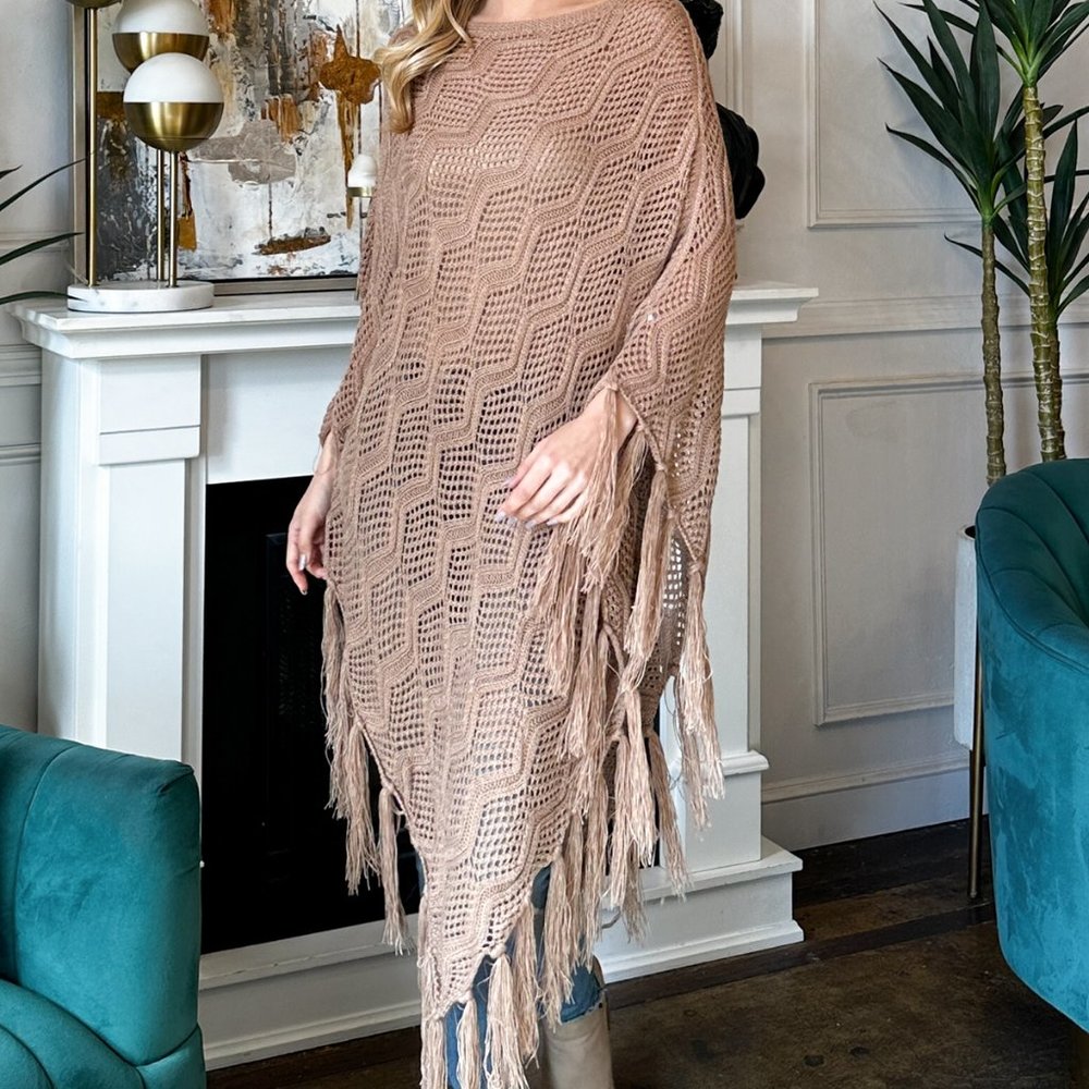 Knitted Fringe Poncho With Tassels Khaki